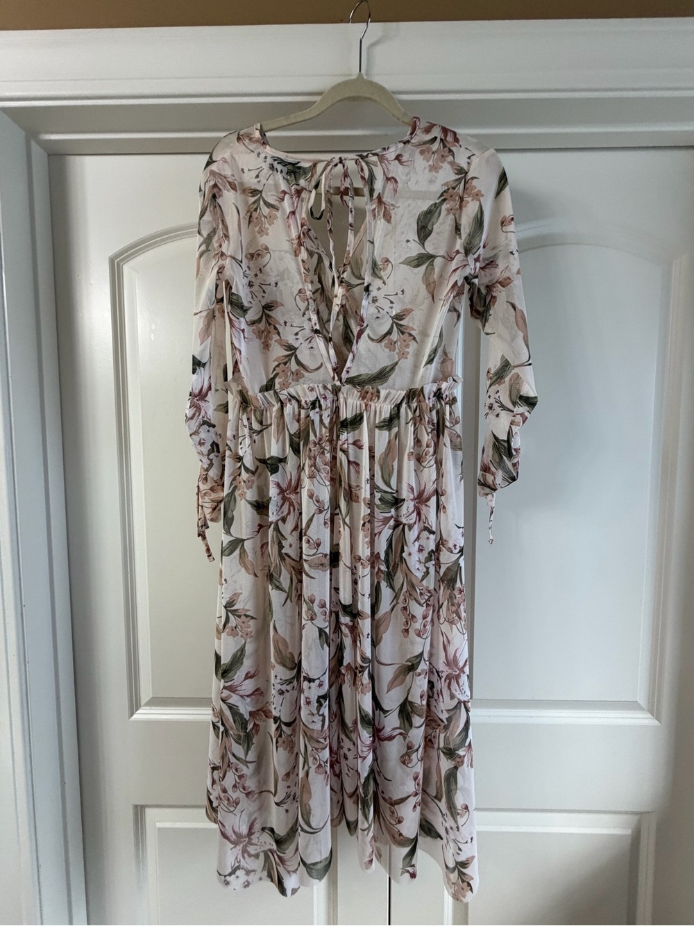 Topshop Blush Floral Tie-Front Midi Dress with Green Leaf Print
